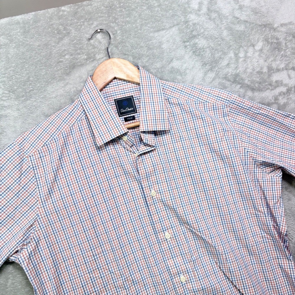 David Donahue Button Down Men 17 34/35 Blue Orange Tattersall Trim Fit Cotton